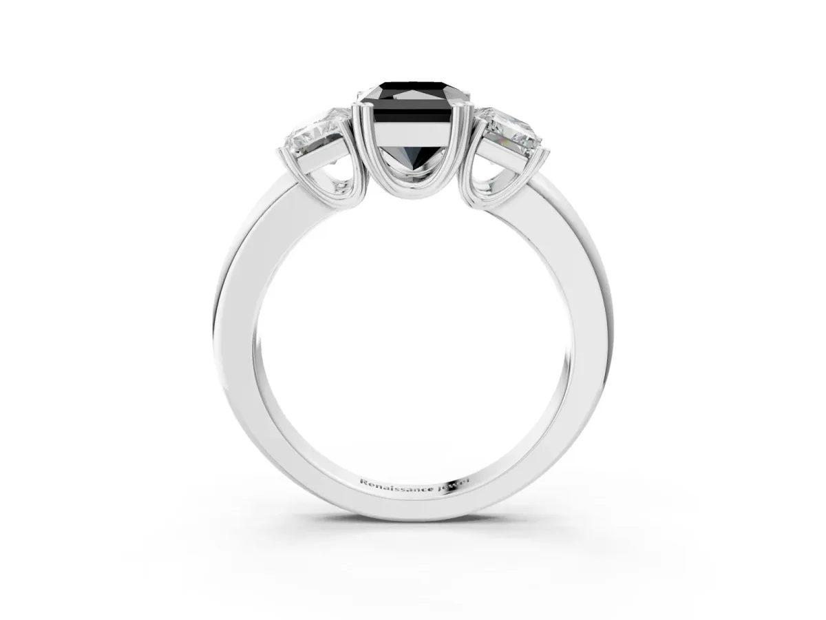 Fancy Black Three-Stone Radiant Cut Cut Diamond Ring with Channel Set Band and Four-Prong Setting Silver