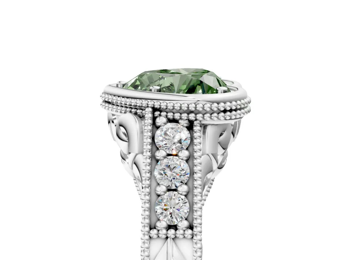 Fancy Green Bezel Set Heart Cut Diamond Milgrain Pave Engagement Ring Platinum