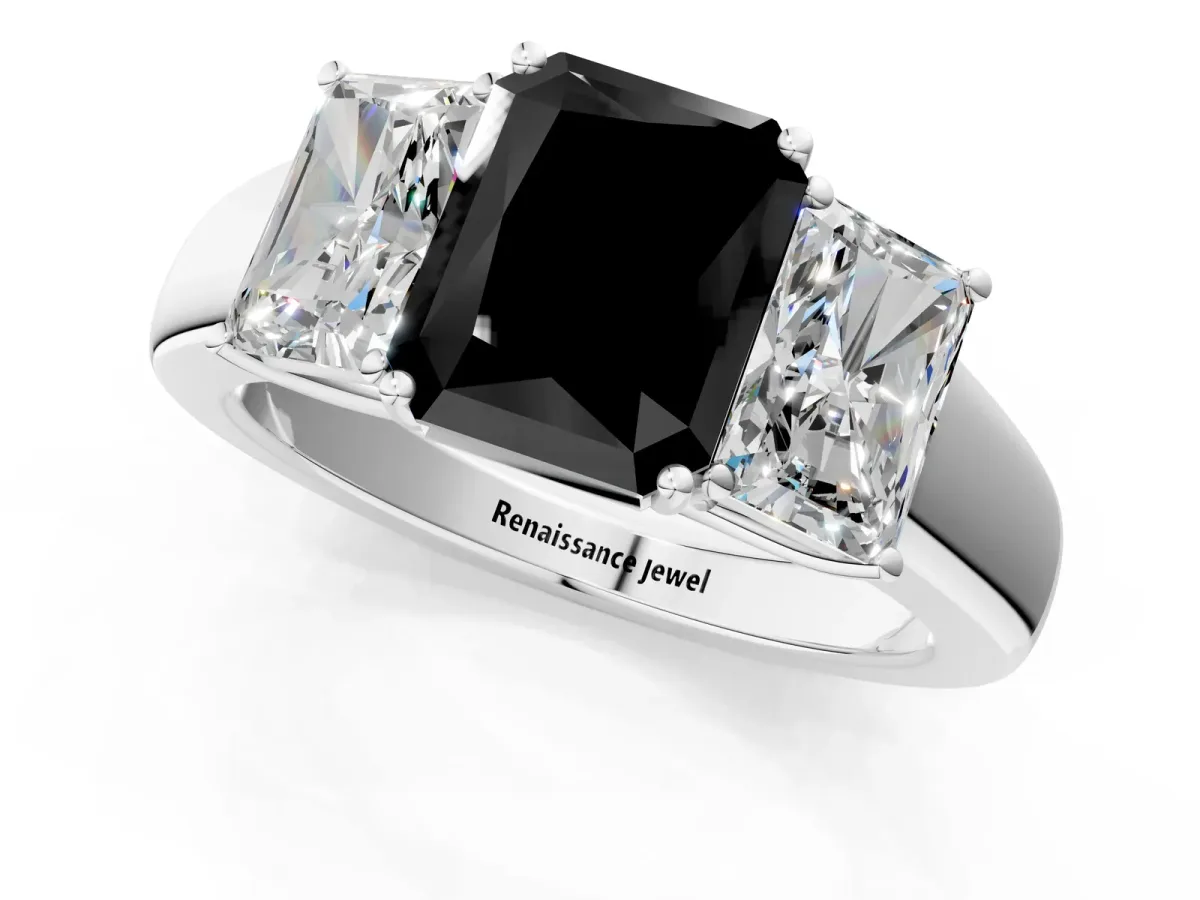 Fancy Black Three-Stone Radiant Cut Cut Diamond Ring with Prong Setting and Classic Band Platinum