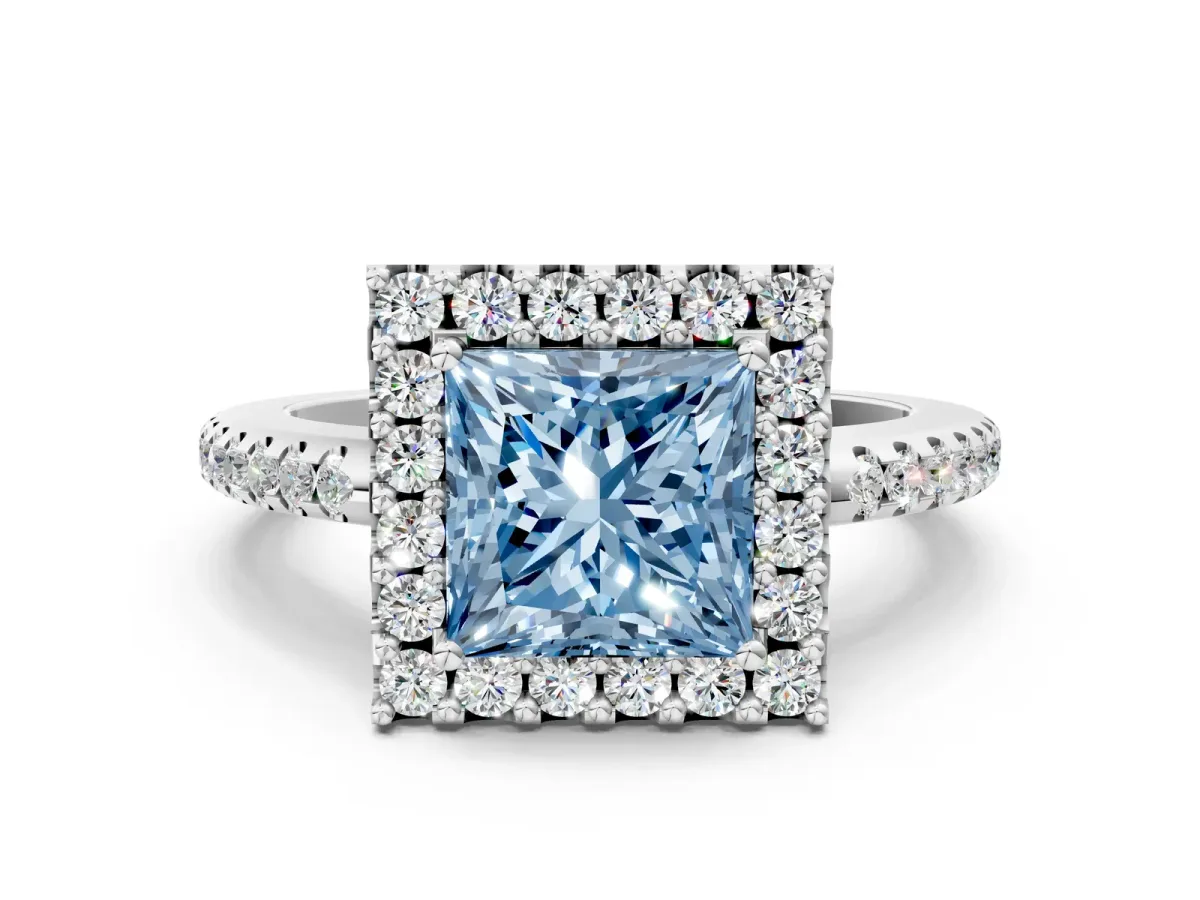 Fancy Blue Princess Cut Diamond Pavé Halo Ring with Four-Prong Setting White gold