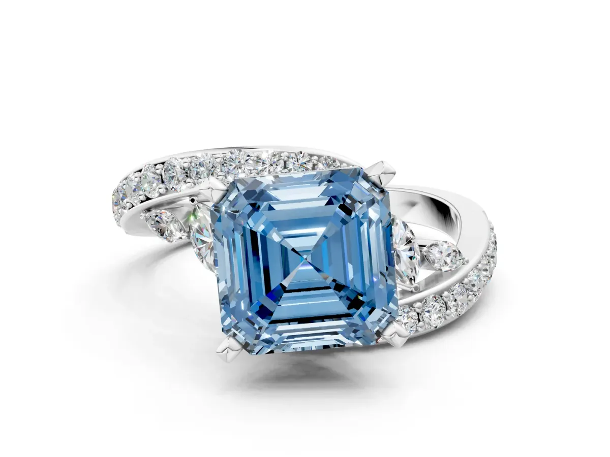 Fancy Blue Asscher Cut Solitaire with Pavé Twist Band and Four-Prong Setting Platinum