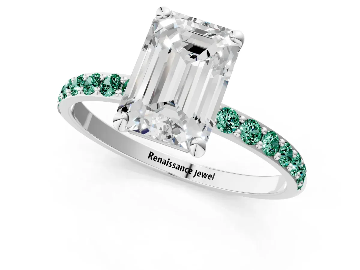 Emerald Cut Diamond Solitaire Ring with Round Green Sapphire Pavé Band and Prong Setting Silver