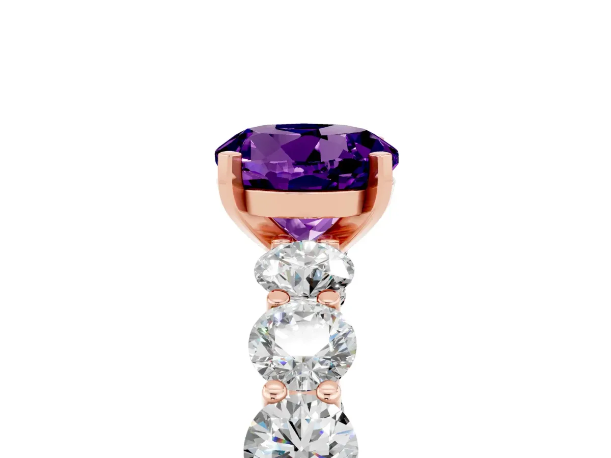 Round Cut Amethyst Prong Setting with Side Stones on a Pave Band Rose gold