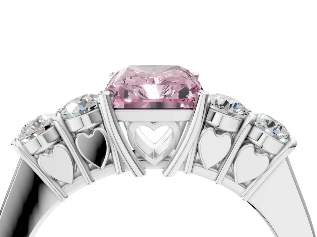 Fancy Pink Radiant Cut Cut Diamond Five-Stone Prong Set White Gold Ring Platinum