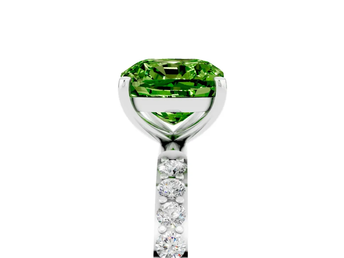 Cushion Cut Peridot Solitaire Ring with Round Pavé Band and Prong Setting Silver