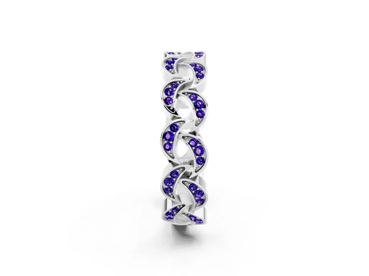Pavé Round Tanzanite Interlocking Eternity Band with Bezel Prong Setting White gold
