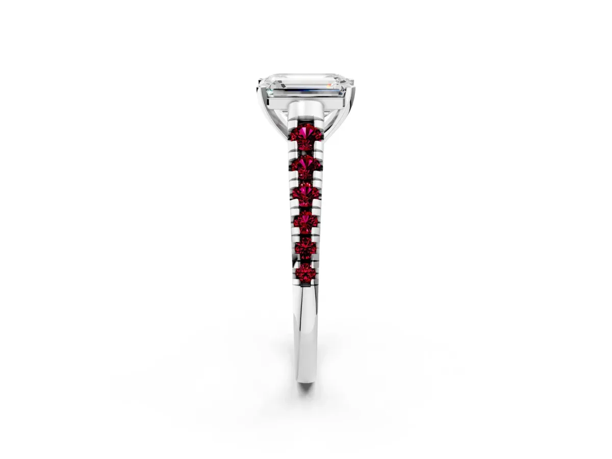 Emerald Cut Diamond Cathedral Solitaire Ring with Round Garnet Pavé Band Platinum
