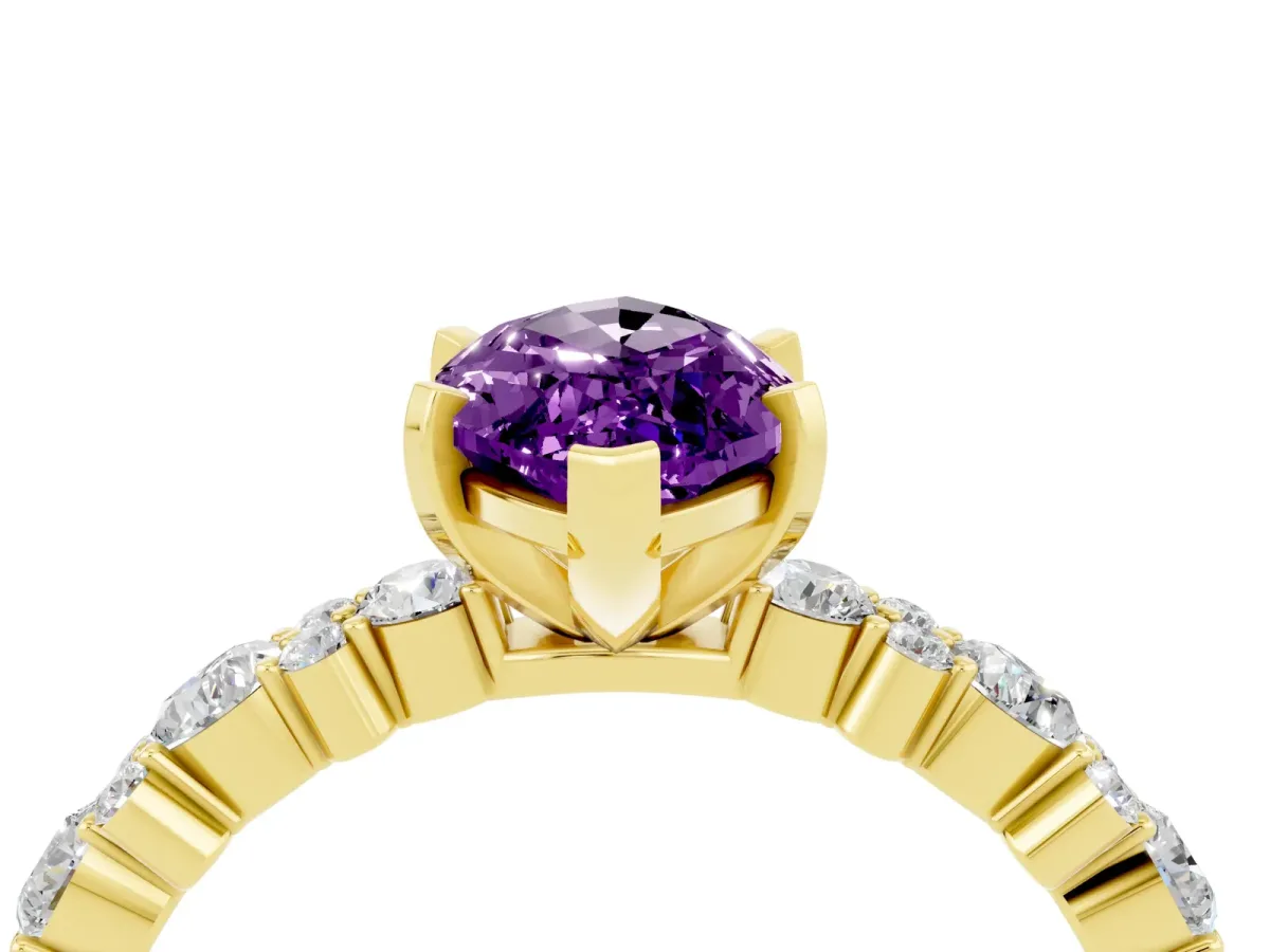 Marquise Cut Amethyst Side Stone Solitaire Ring with Round and Four-Prong Setting Yellow gold