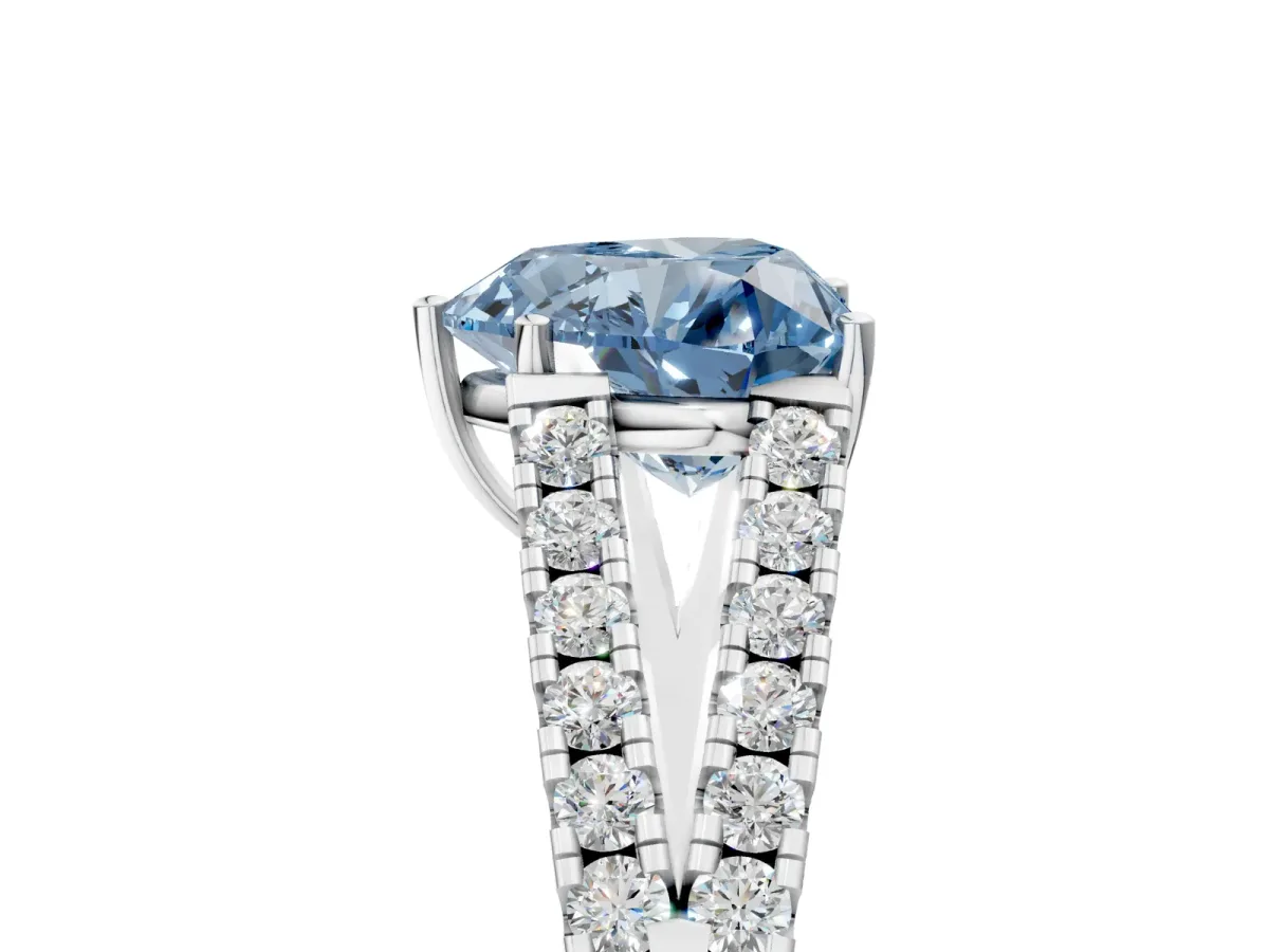 Fancy Blue Heart Cut Diamond Split Shank Pavé Engagement Ring with Four-Prong Setting White gold