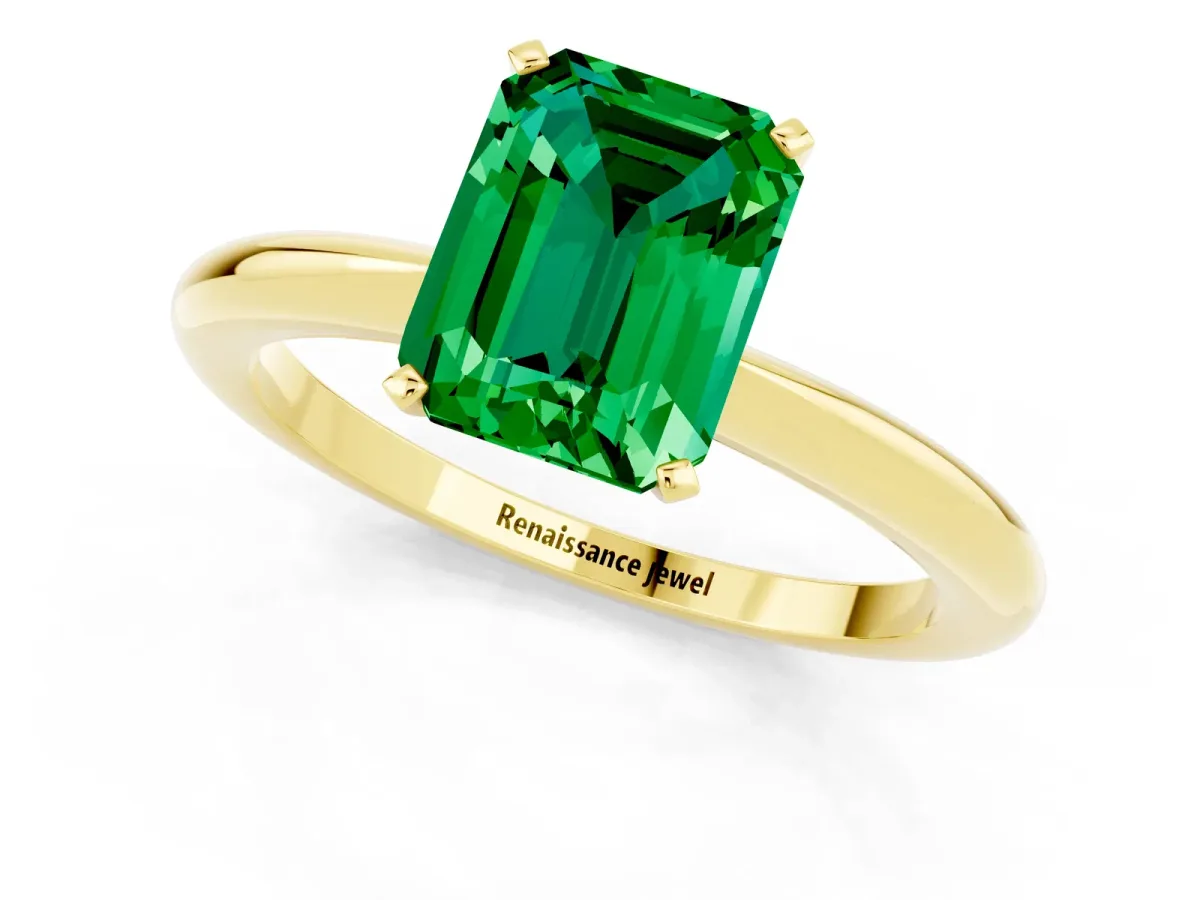 Emerald Cut Emerald Solitaire Ring with Six-Prong Setting and Classic Band Yellow gold