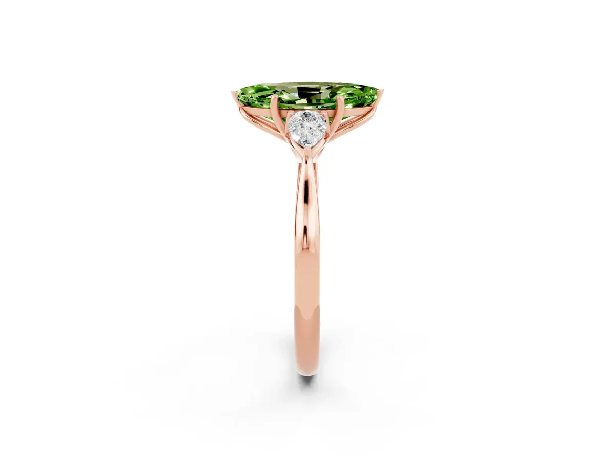 Marquise Cut Peridot Three-Stone Ring with Pear Side Stones and Prong Setting Rose gold