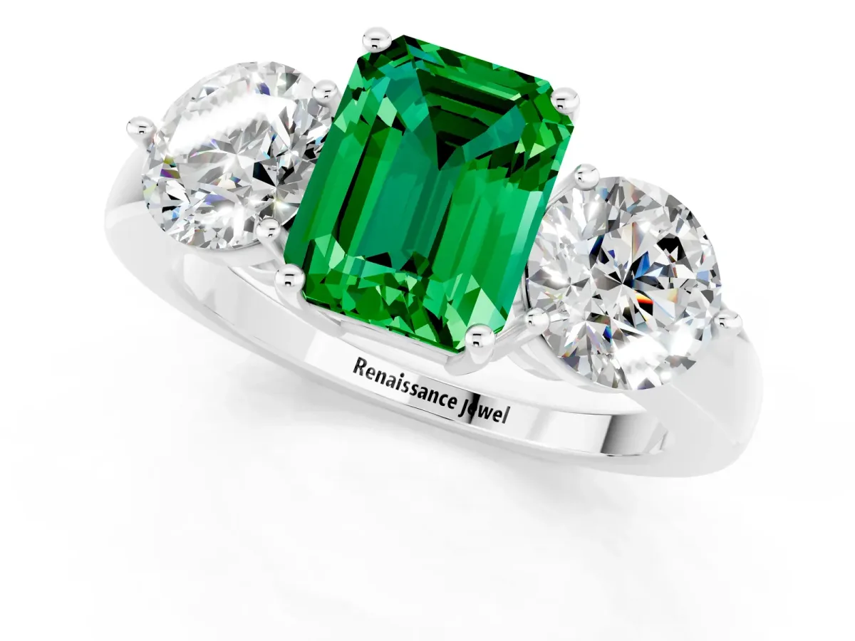 Emerald Cut Emerald Three-Stone Ring with Prong Setting and Classic Band White gold