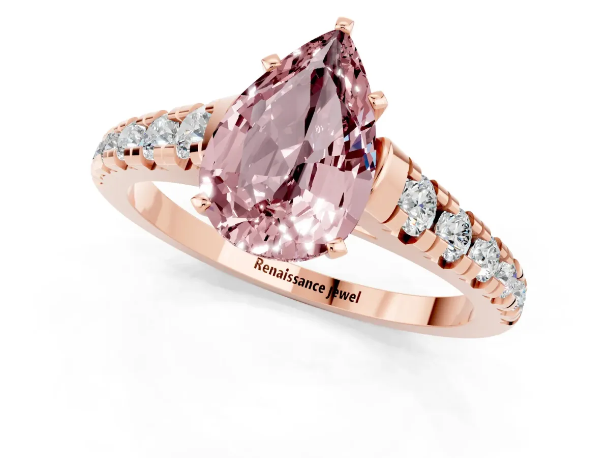 Pear Cut Morganite Cathedral Solitaire Ring with Round Pavé Band Rose gold