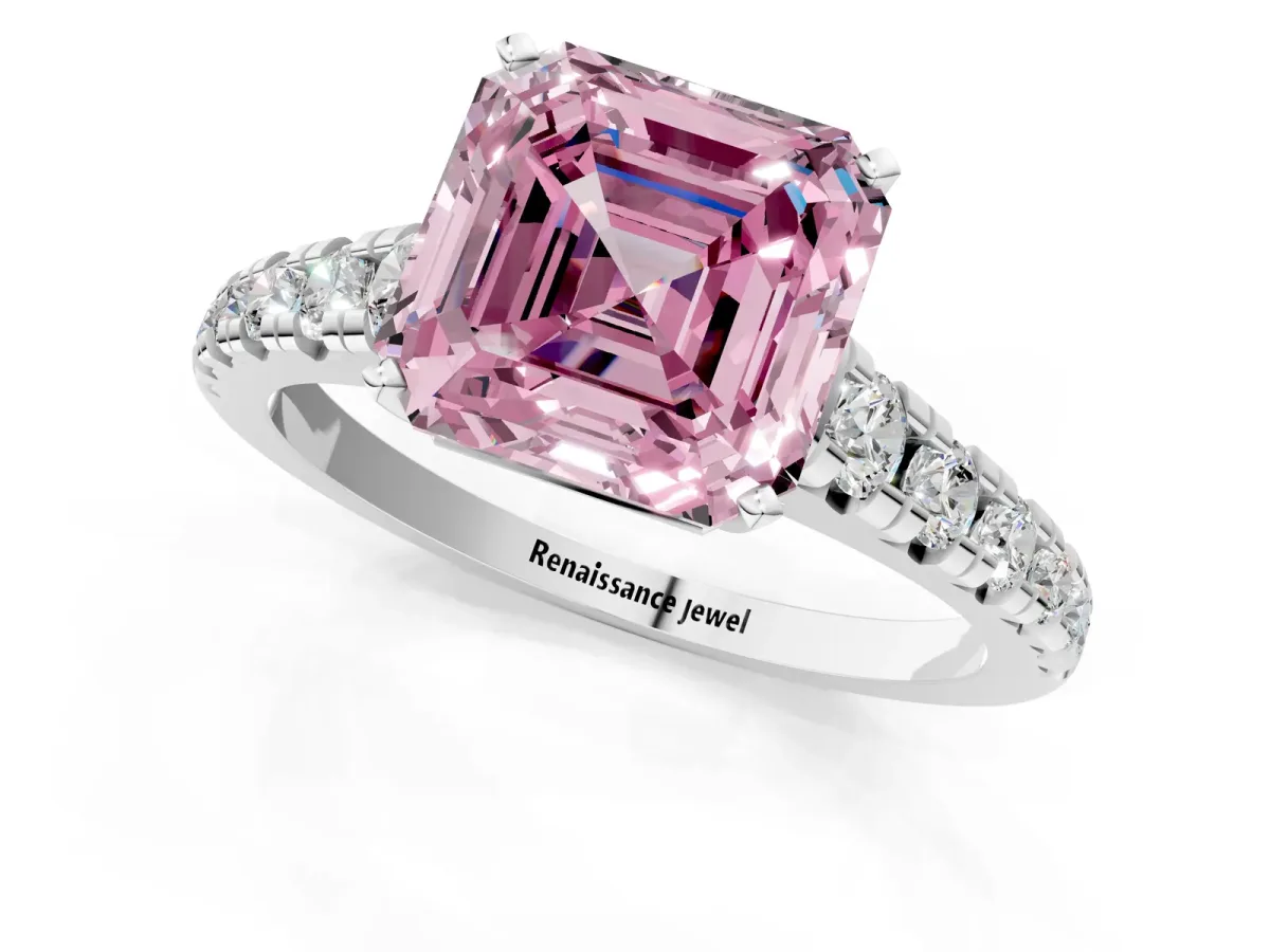 Fancy Pink Asscher Cut Diamond Cathedral Solitaire Ring with Round Pavé Band Platinum