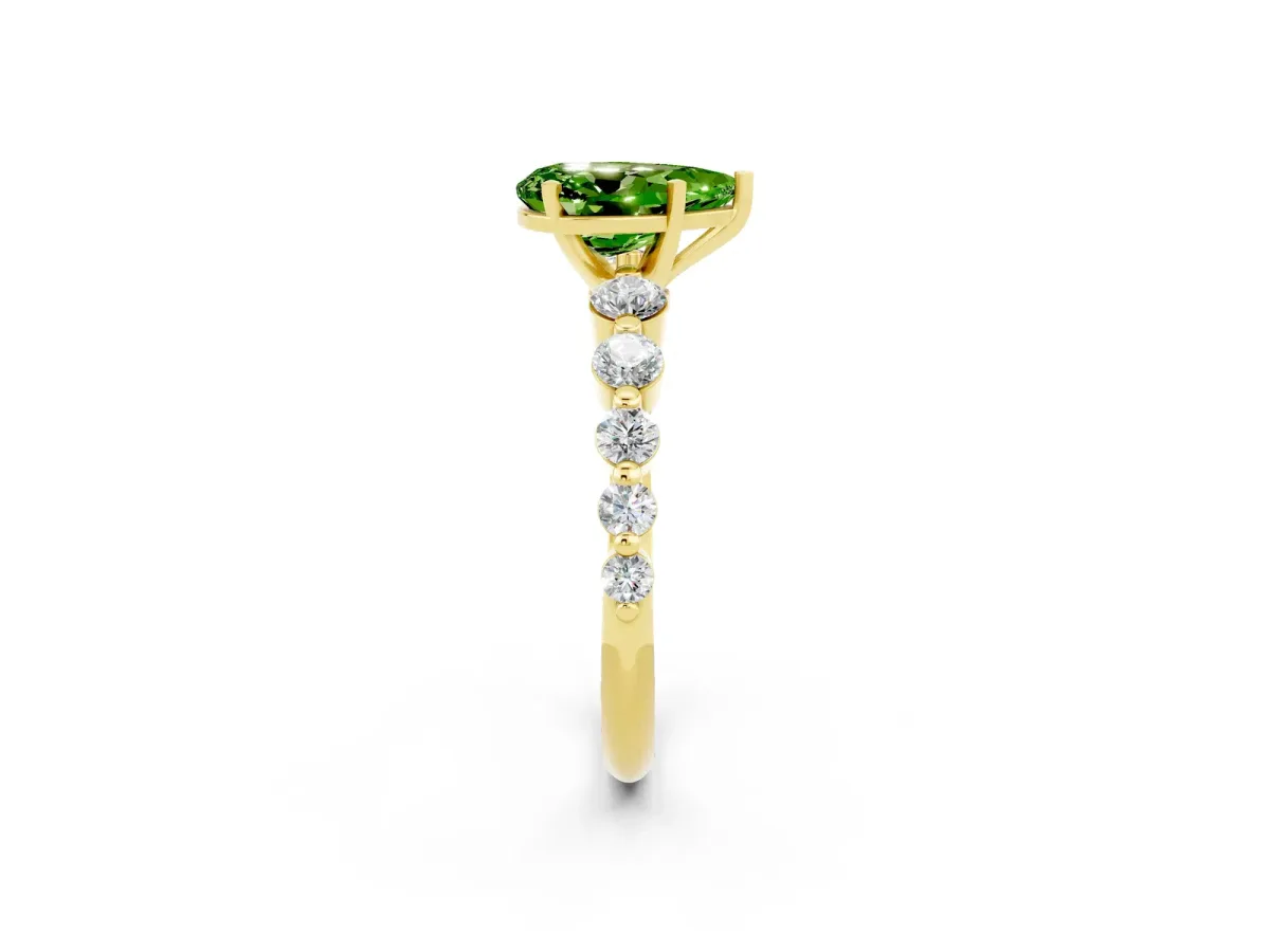 Pear Cut Solitaire Peridot Ring with Pave Band and Four-Prong Setting Yellow gold