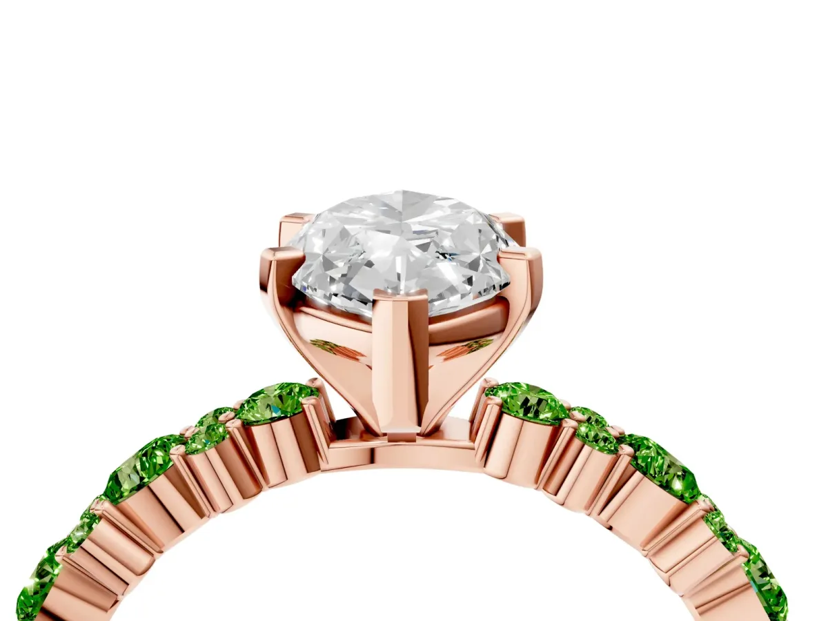 Marquise Cut Diamond Side Stone Solitaire Ring with Round Peridot and Four-Prong Setting Rose gold