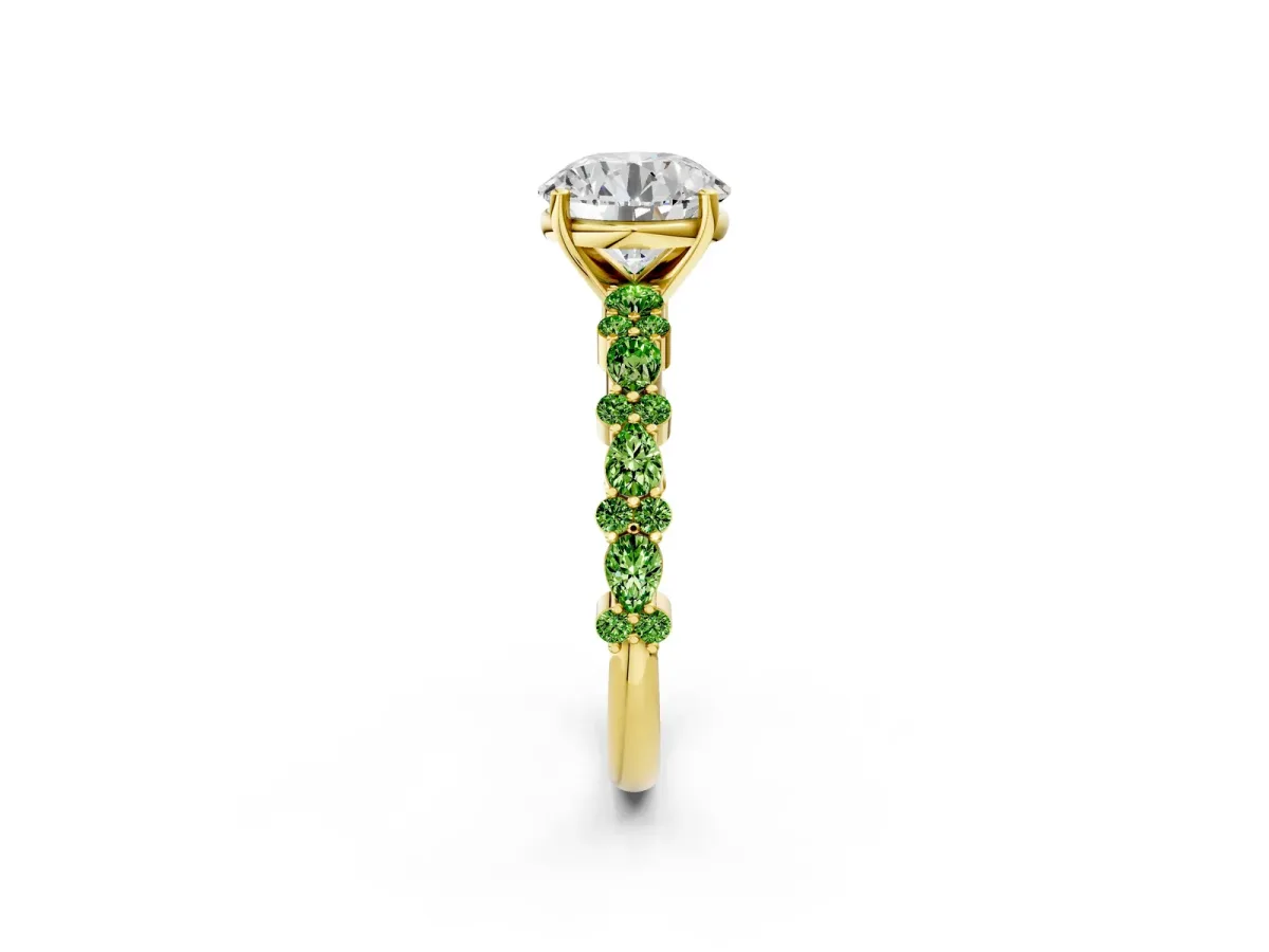 Round Cut Diamond Side Stone Solitaire Ring with Round Peridot and Four-Prong Setting Yellow gold