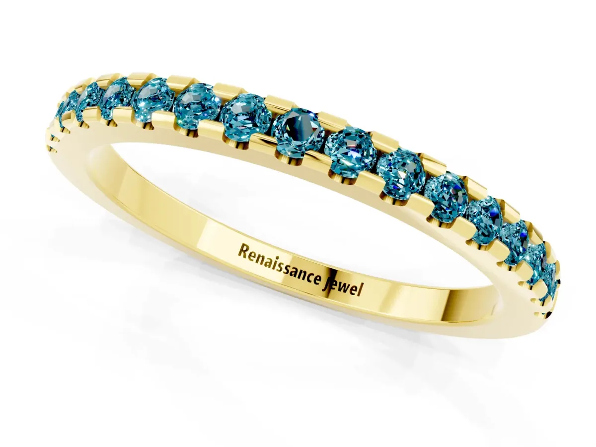 Round Blue Topaz Pavé Set Eternity Band with Micro Prong Setting Yellow gold