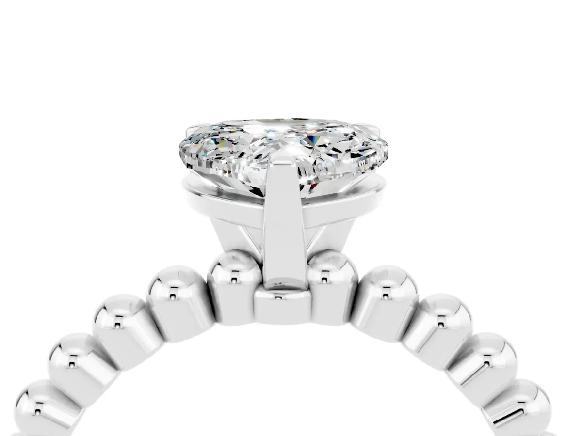 Heart Cut Moissanite Solitaire Ring with Beaded Band and Prong Setting Silver