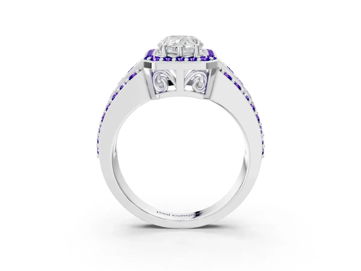Pear Cut Halo Diamond Ring with Round Tanzanite Split Shank and Prong Setting Silver
