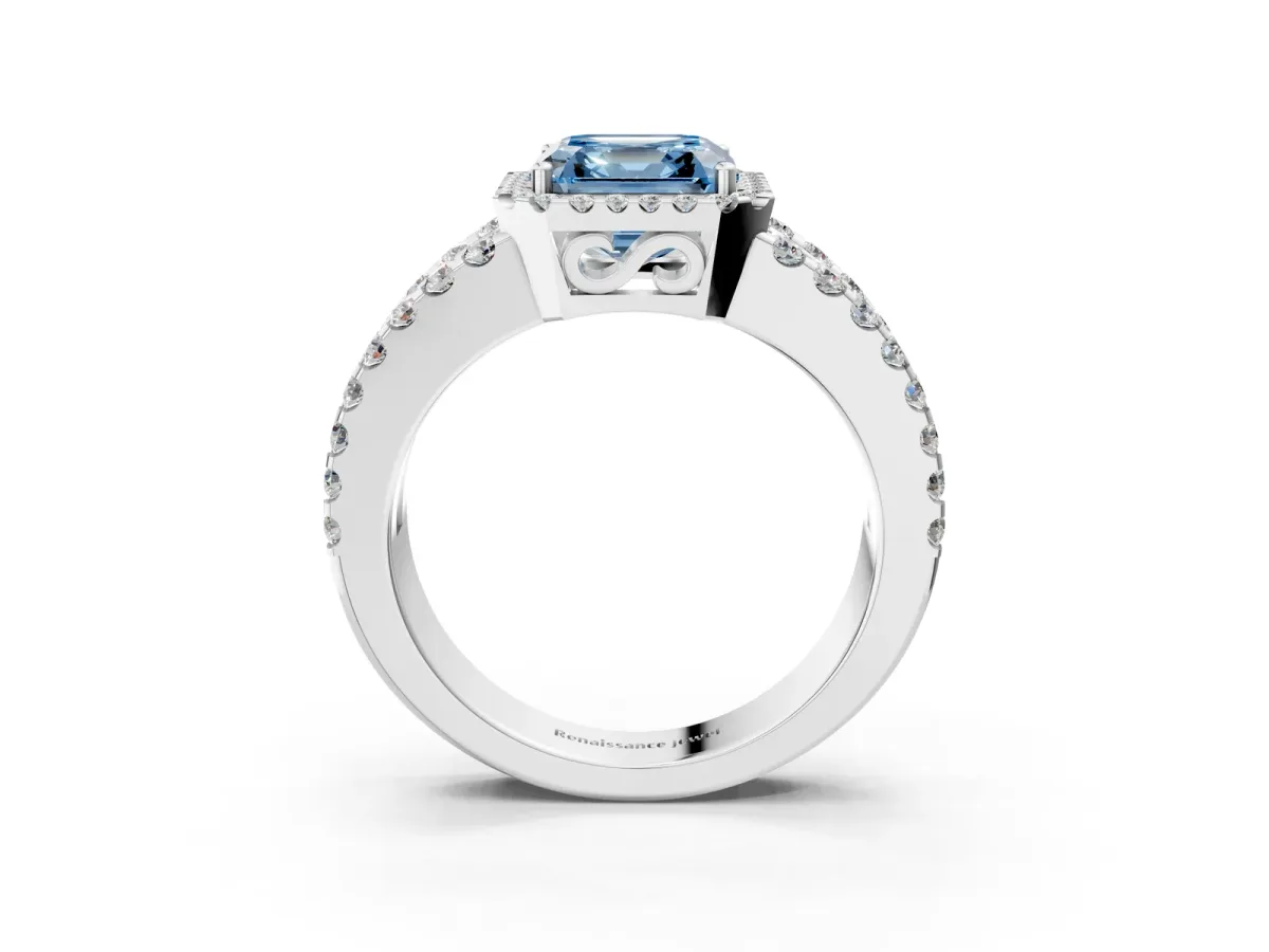 Fancy Blue Asscher Cut Cut Halo Split Shank Diamond Ring with Four-Prong Setting Platinum
