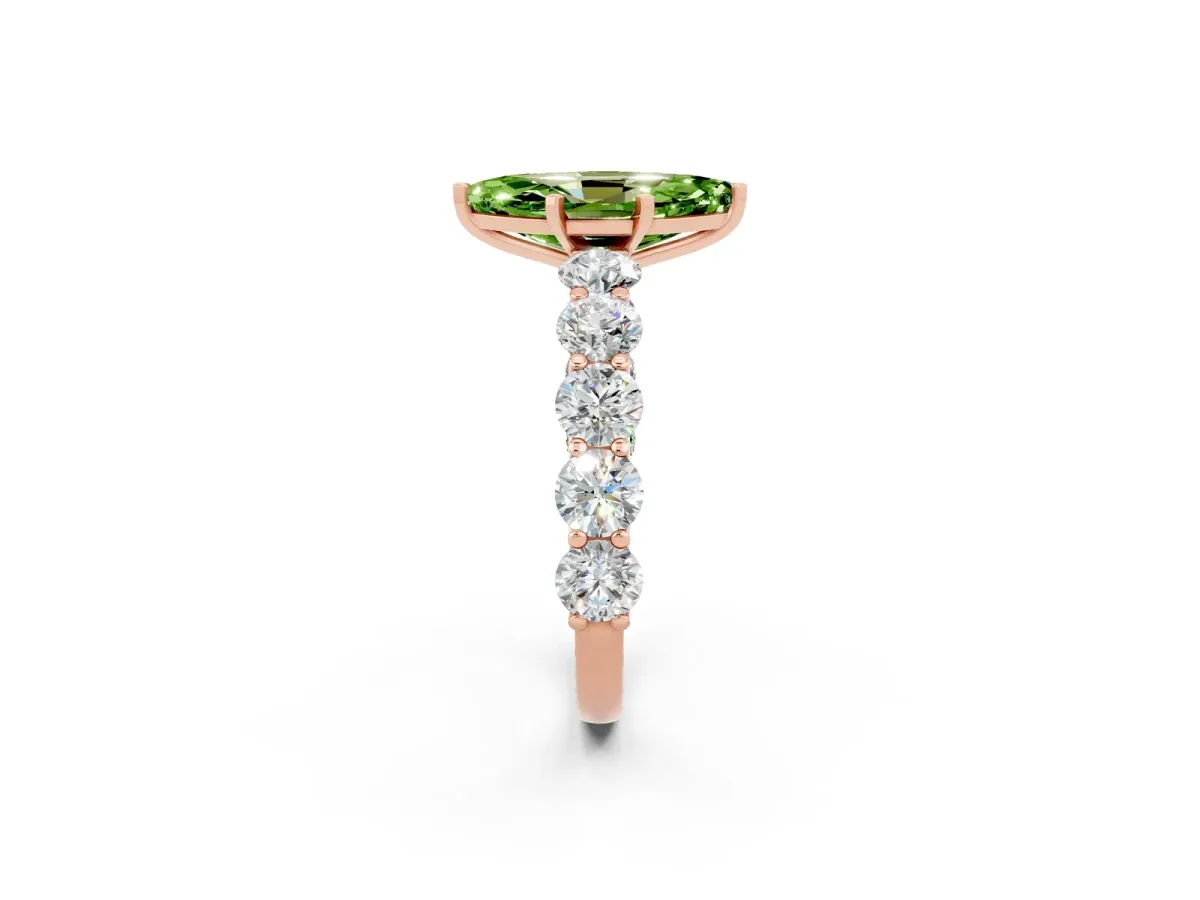 Marquise Cut Peridot Prong Setting with Side Stones on a Pave Band Rose gold