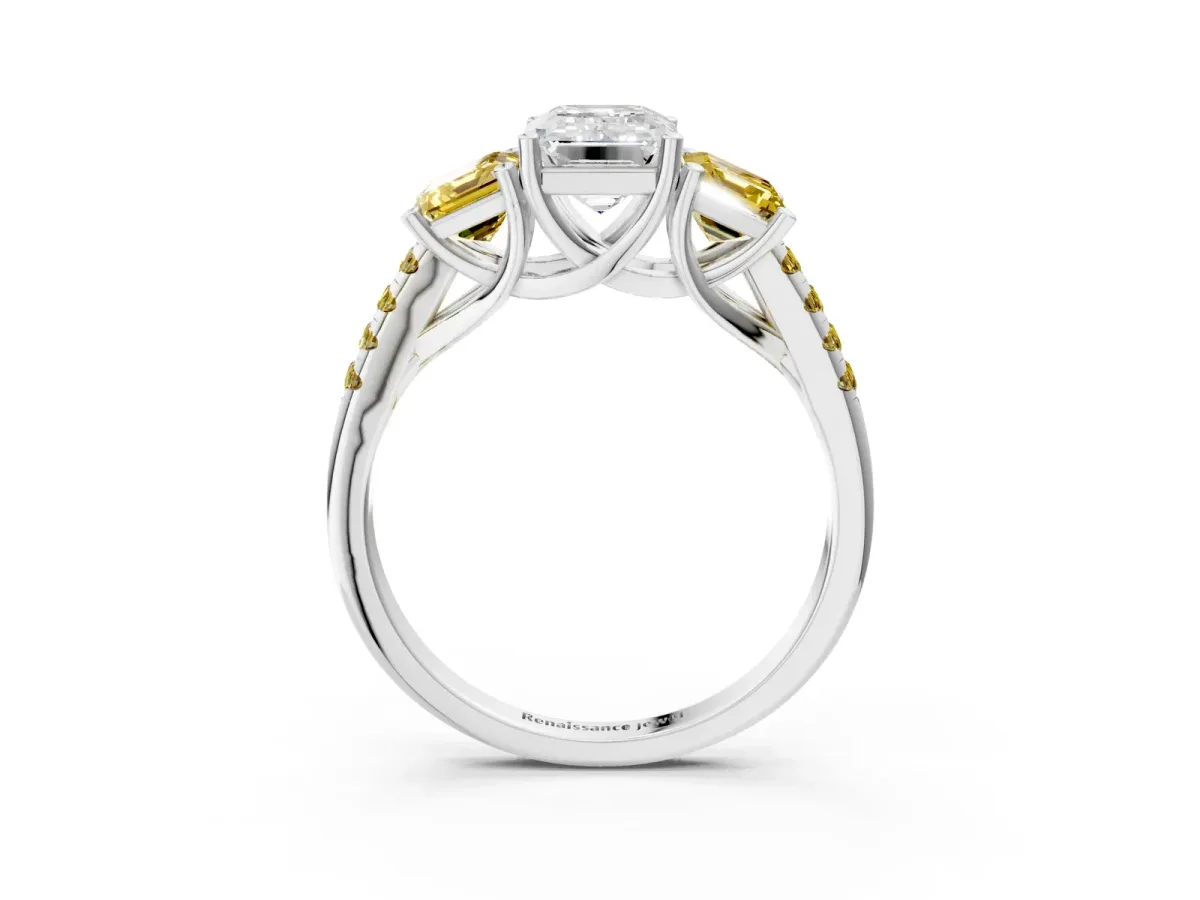 Three-Stone Emerald Cut Diamond Ring with Round Yellow Sapphire Pavé Band and Prong Setting Silver