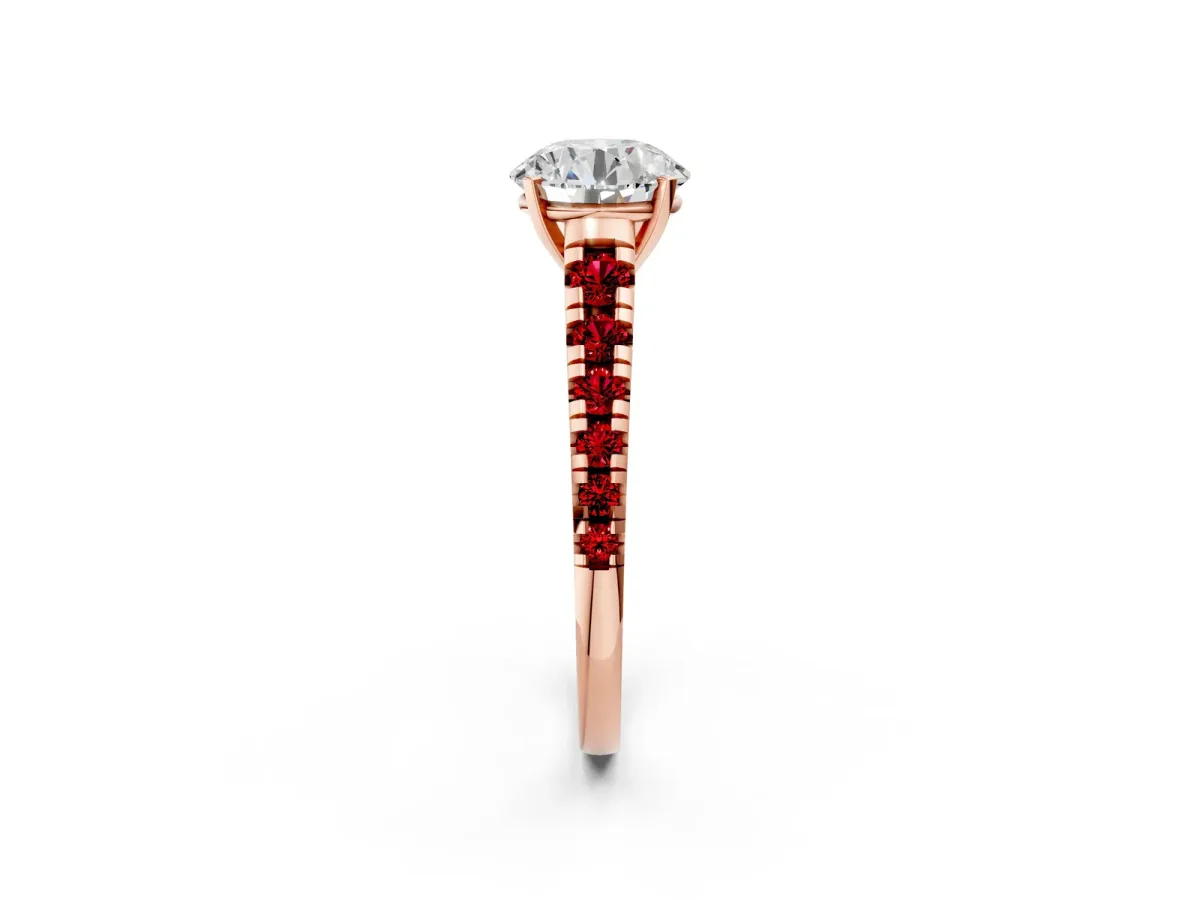 Round Cut Diamond Cathedral Solitaire Ring with Round Ruby Pavé Band Rose gold