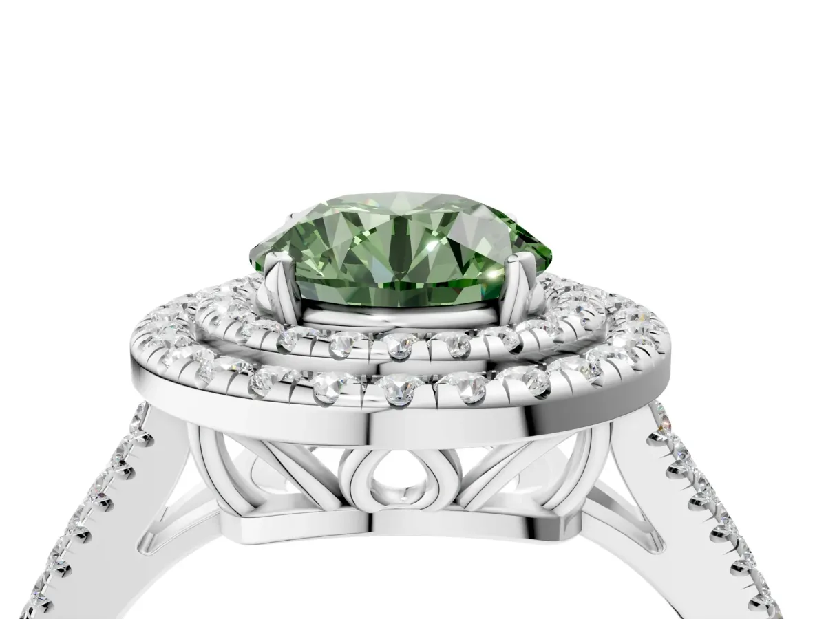 Fancy Green Round Cut Diamond Double Halo Ring with Pavé Band and Prong Setting Silver