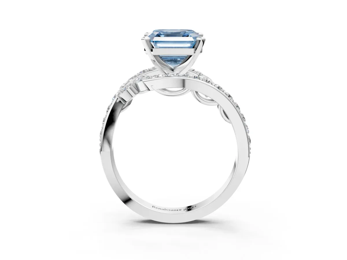 Fancy Blue Asscher Cut Solitaire with Pavé Twist Band and Four-Prong Setting Platinum