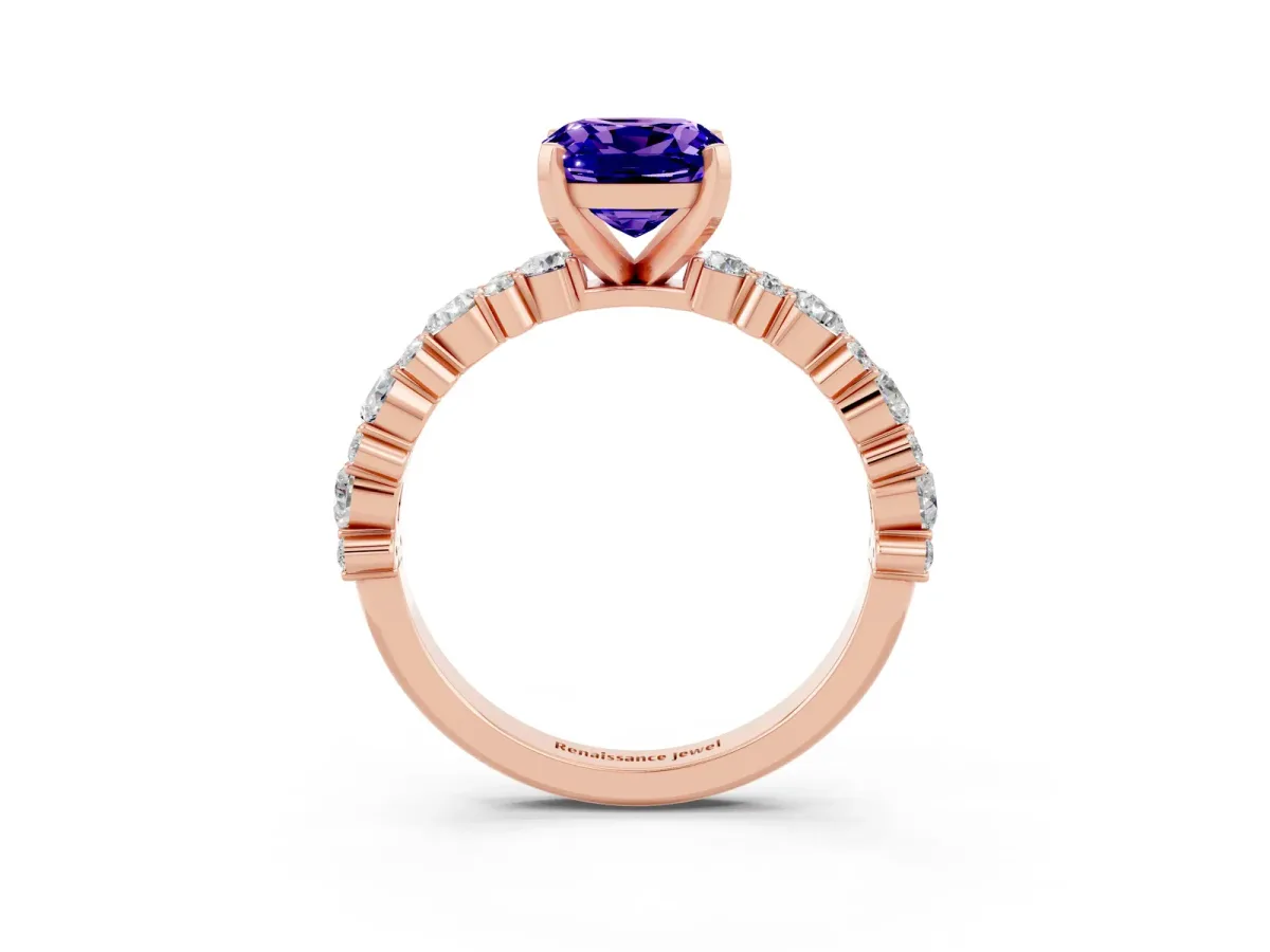 Cushion Cut Tanzanite Side Stone Solitaire Ring with Round and Four-Prong Setting Rose gold