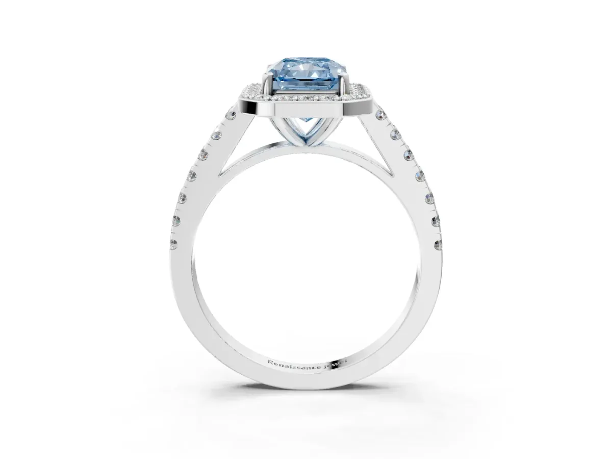 Fancy Blue Radiant Cut Diamond Halo Ring with Round Pavé Split Shank and Prong Setting Platinum