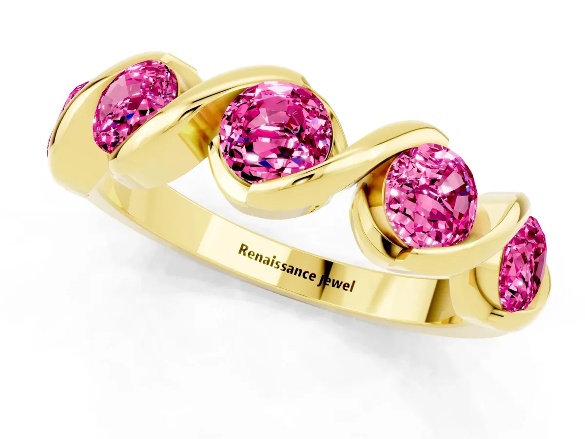 Round Pink Sapphire Wave Band with Channel Setting and Shared Prongs Yellow gold