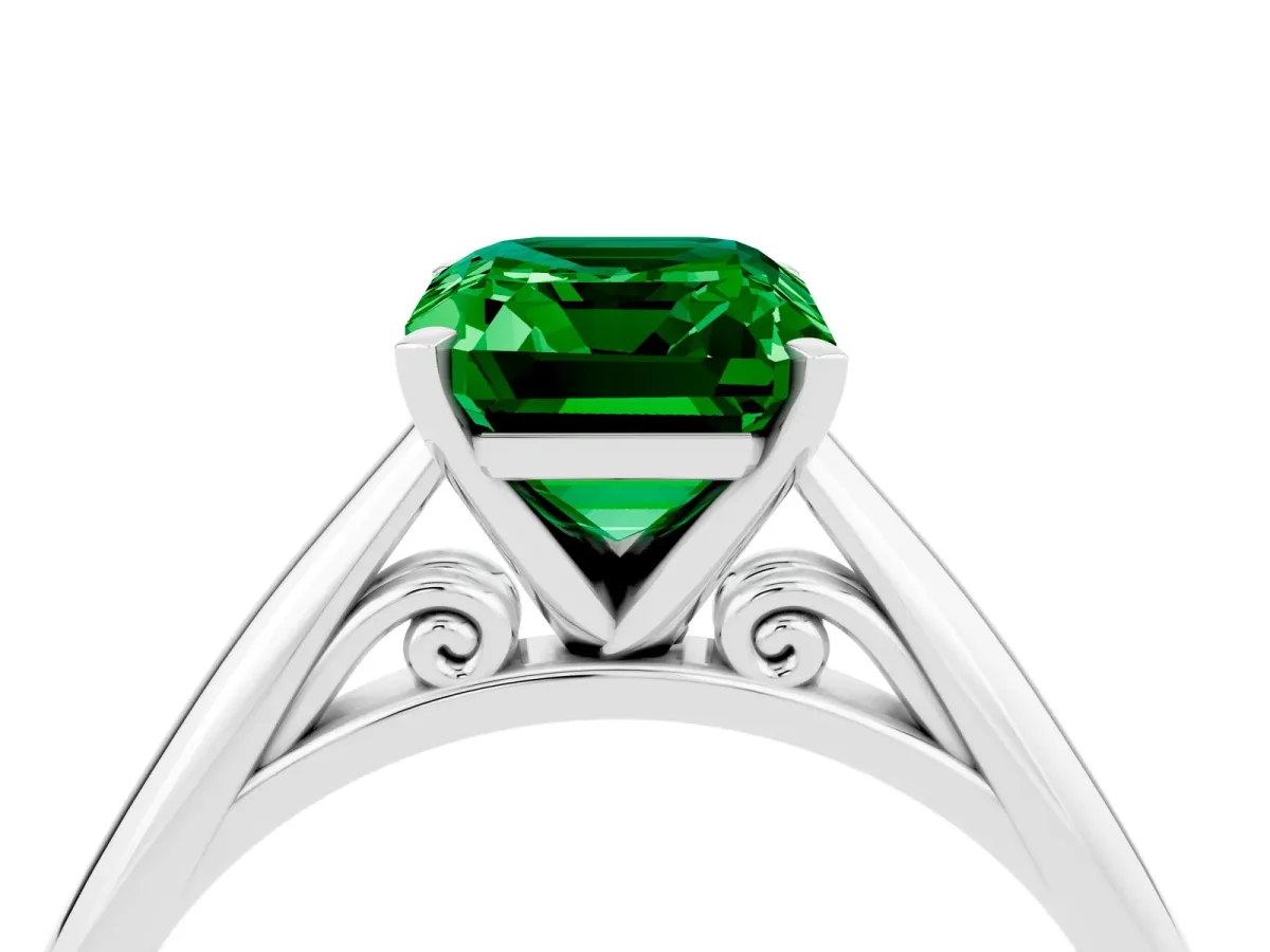 Emerald Cut Emerald Solitaire Engagement Ring with Cathedral Setting and Four-Prong Mount White gold