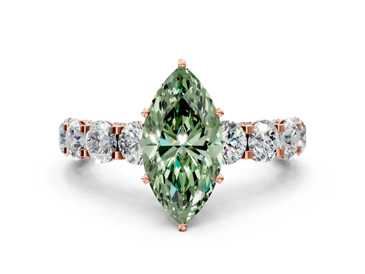 Fancy Green Marquise Cut Diamond Side Stone Engagement Ring with Four-Prong Setting Rose gold