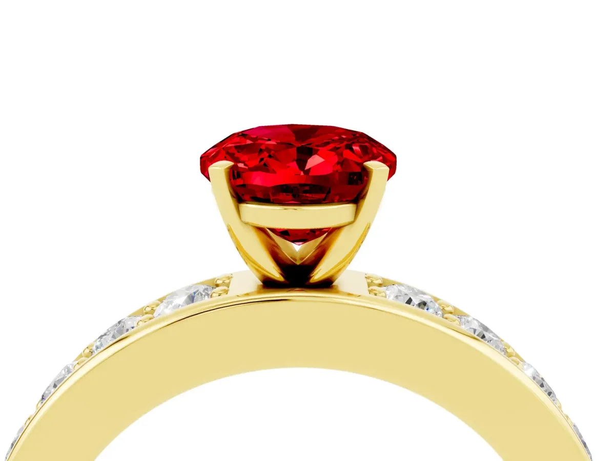 Oval Cut Ruby Engagement Ring with Channel Set Round Band and Prong Setting Yellow gold