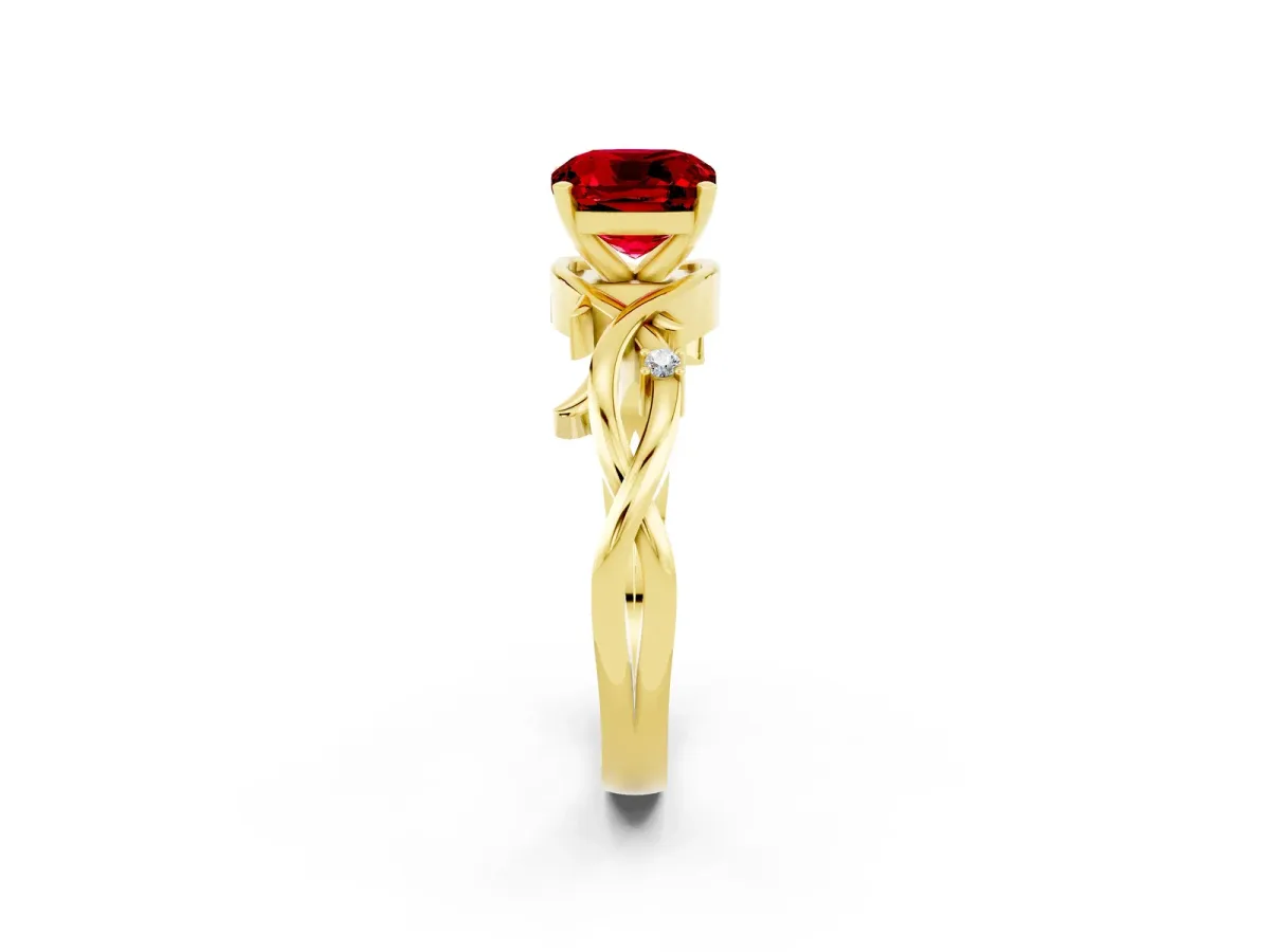 Cushion Cut Ruby Solitaire Ring with Twisted Band and Prong Setting Yellow gold