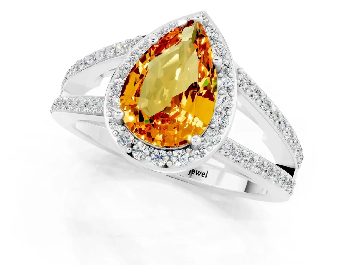Pear Cut Citrine Halo Ring with Split Shank U-Prong Band and Four-Prong Setting Platinum