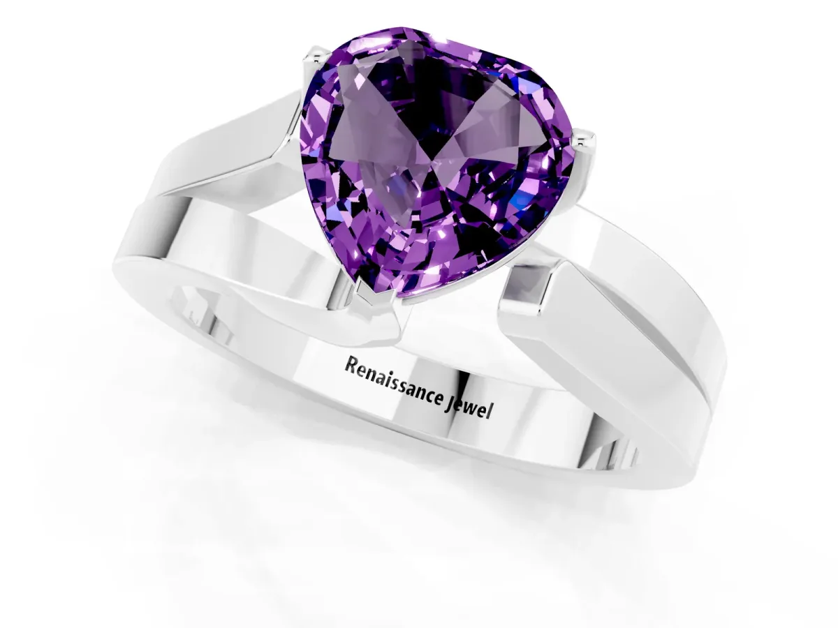Modern Tension Set Heart Cut Amethyst Solitaire Wide Band Ring Silver