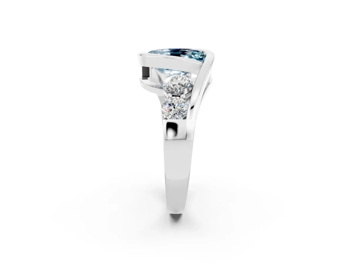 Bezel Set Oval Cut Aquamarine Bypass Ring with Round Accents Silver