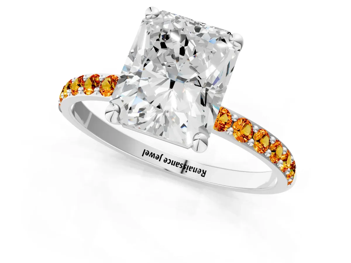 Radiant Cut Diamond Solitaire Ring with Round Citrine Pavé Band and Prong Setting Silver
