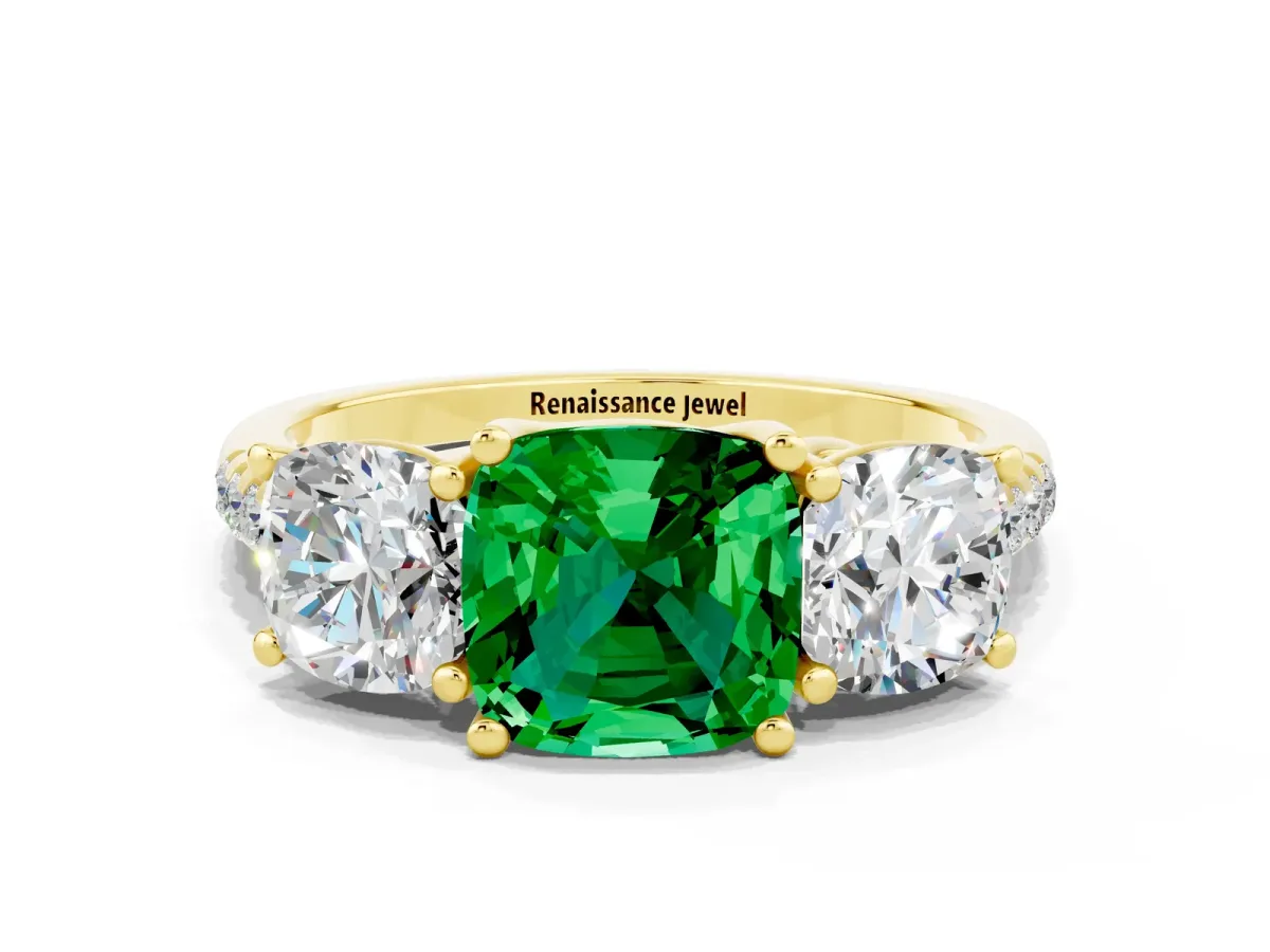 Three-Stone Cushion Cut Emerald Ring with Round Pavé Band and Prong Setting Yellow gold