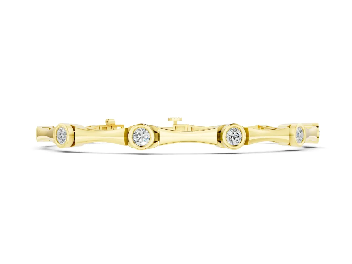 Bezel Set Round Diamond Bamboo Link Bracelet Yellow gold