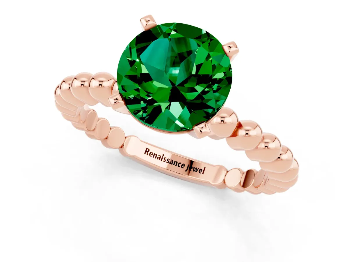 Round Cut Emerald Solitaire Ring with Beaded Band and Prong Setting Rose gold