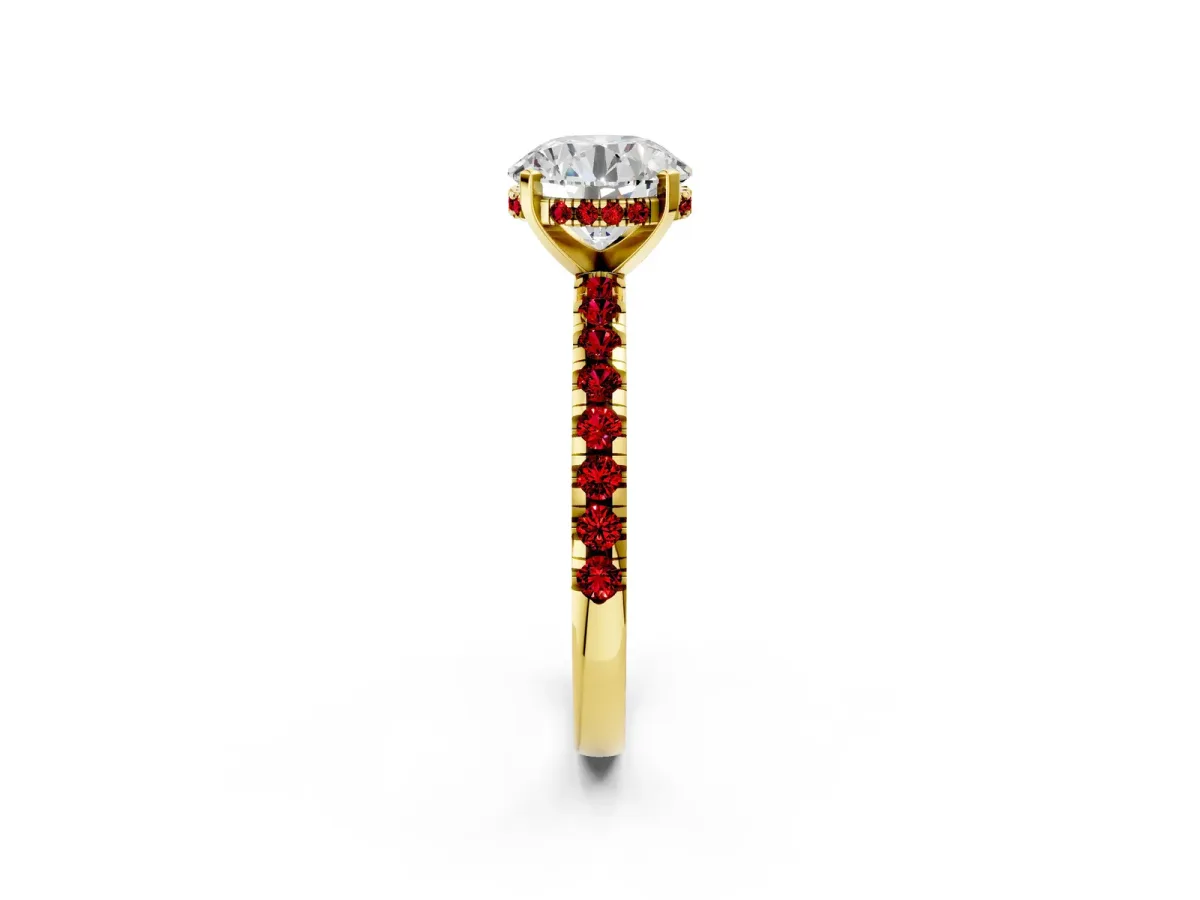 Round Cut Diamond Solitaire Ring with Round Ruby Pavé Band and Four-Prong Setting Yellow gold