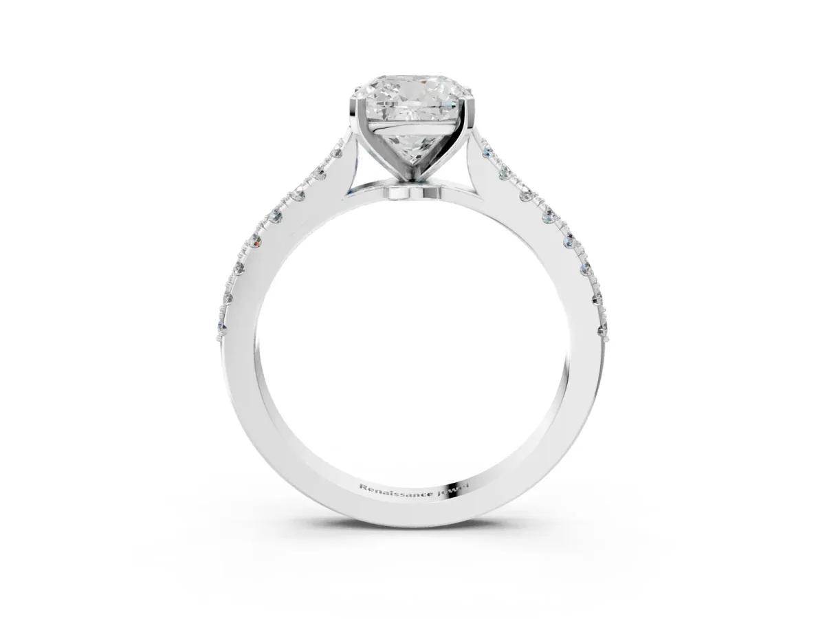 Cushion Cut Cut Solitaire Diamond Engagement Ring with Pave Band and Four-Prong Setting Silver