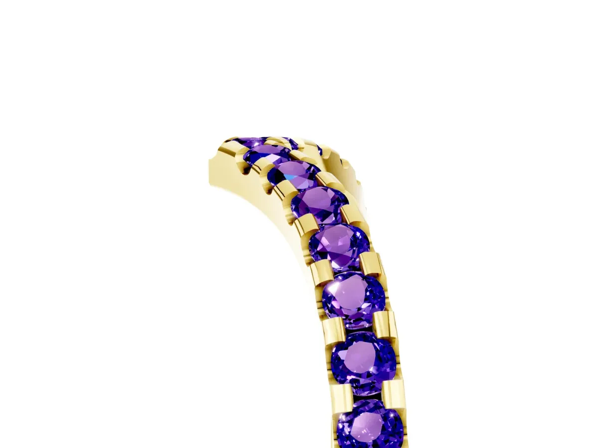 Pavé Round Tanzanite Chevron Band with Shared Prong Setting Yellow gold