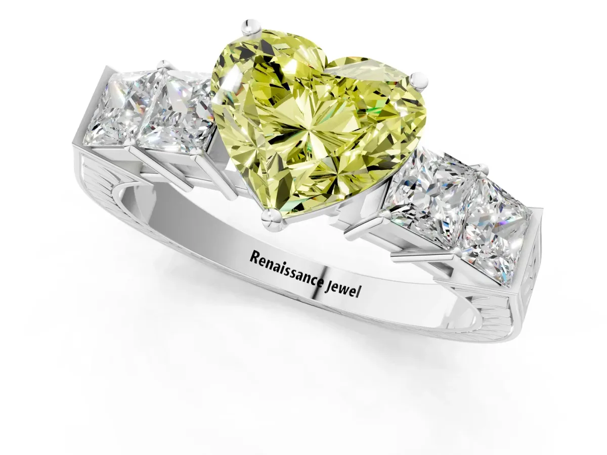 Fancy Yellow Heart Cut Solitaire Princess Side Stone Engraved Band Prong Setting Ring Silver