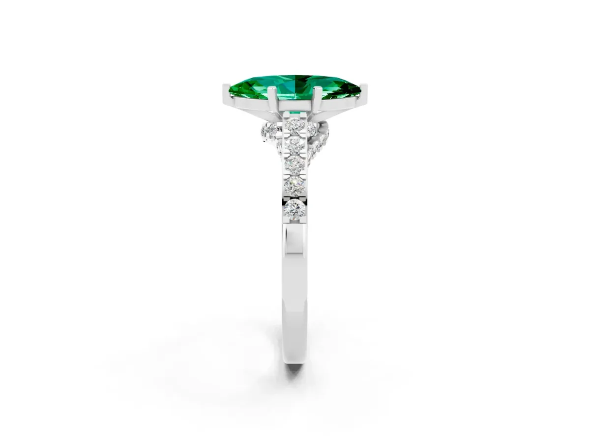 Marquise Cut Emerald Solitaire Ring with Crossover Gallery and Round Pavé Band Silver
