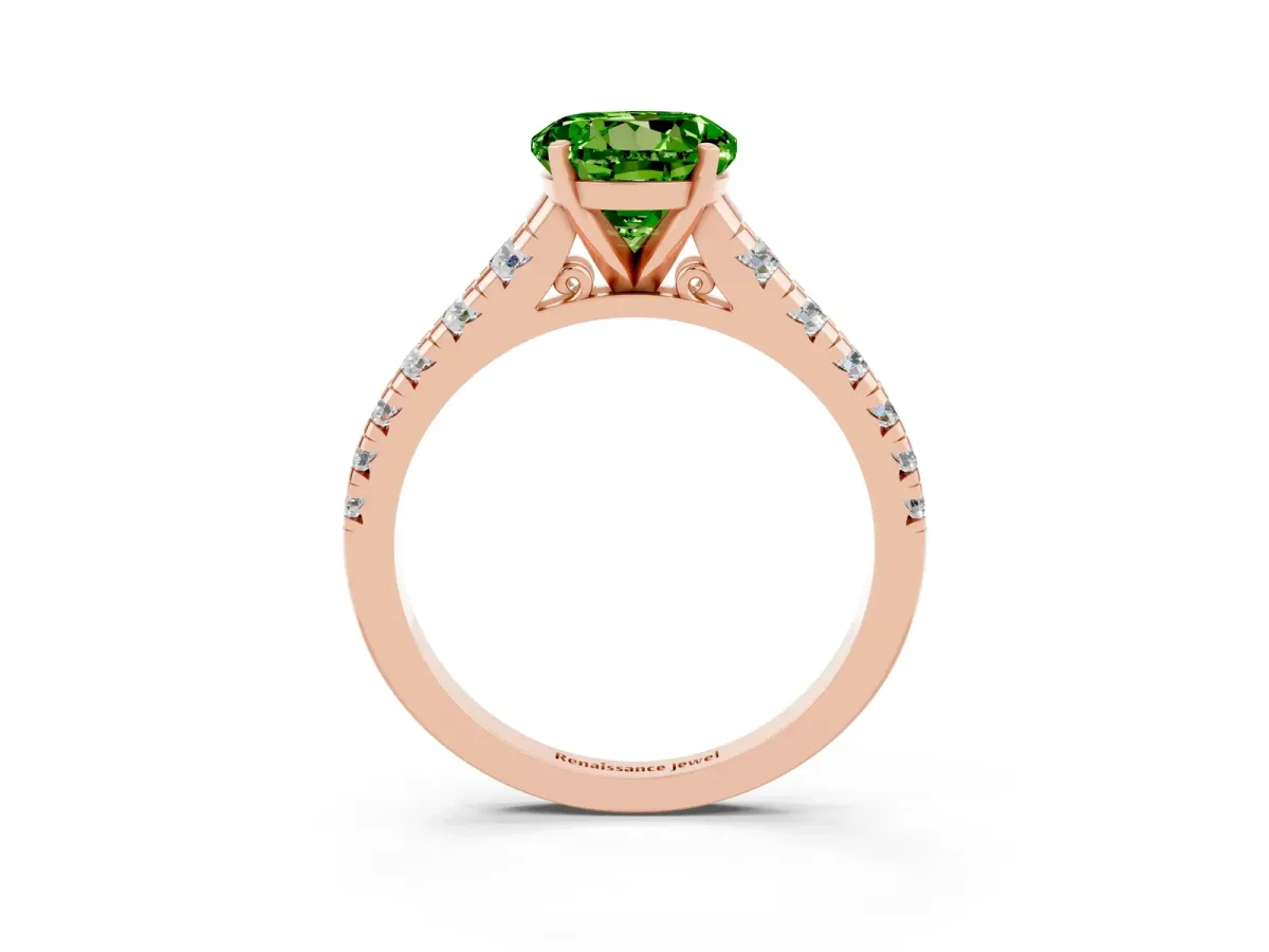 Round Cut Peridot Cathedral Solitaire Ring with Round Pavé Band Rose gold